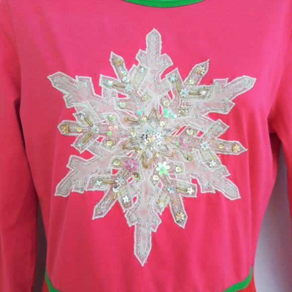 Michael Simon Vtg Pullover Top Snowflake Sequins Bling Red Pink Green S Winter - Picture 3 of 7